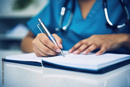 A caring nurse focused on her duties, meticulously jotting down notes in a notebook, showcasing dedication to patient care.