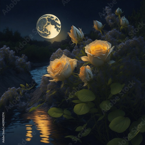 Photo of a colorful floral arrangement with a glowing full moon in the background © Usman