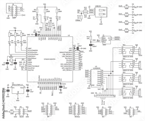 Schematic diagram of electronic device. Vector drawing electrical circuit with switching relay, micro controller, usb spi i2c interface, led, logic gates, integrated circuit and electronic components