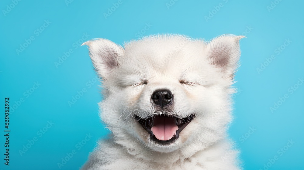 Happy dog puppy winking an eye and smiling on colored blue background with closed eyes Happy dog puppy winking an eye and smiling on colored blue background with closed eyes