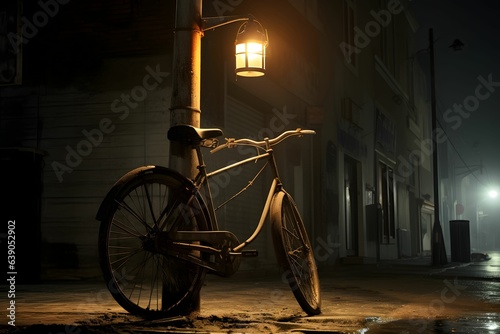 Ein Fahrrad lehnt an einer Straßenlaterne.
