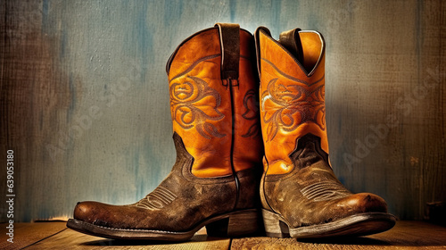 Wild West retro cowboy old leather boots on wooden floor. Vintage style filtered photo with copy space