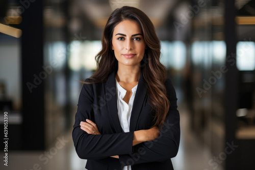Empowered Elegance: A Determined Woman in a Smart Business Suit, Crossing her Arms with Confidence, Brown Eyes Gazing at the Camera and Radiating Strength