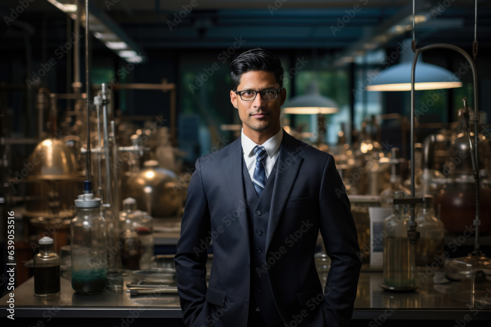 A Determined Businessman in a Laboratory Setting, Analyzing Glass Bottles with Precision and Ambition