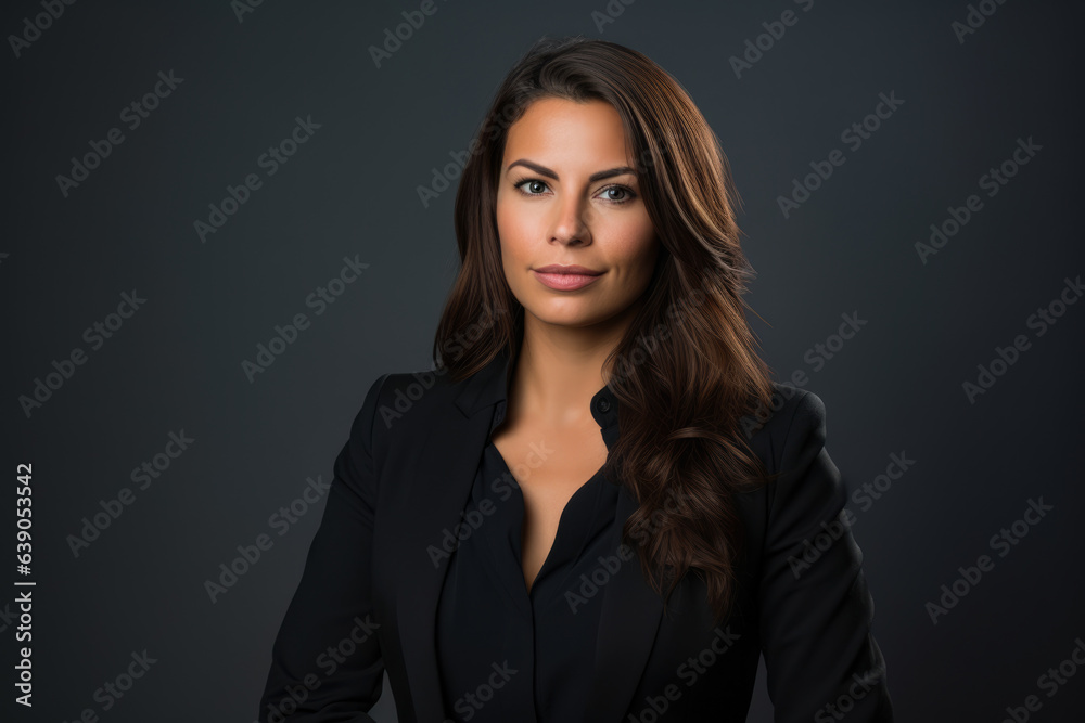 Captivating and Confident: A Stylish and Successful Businesswoman in a Black Suit, Posing with Serenity on a Modern Gray Background Captivating and Confident: A Stylish and Successful Businesswoman in a Black Suit, Posing with Serenity on a Modern Gray Background
