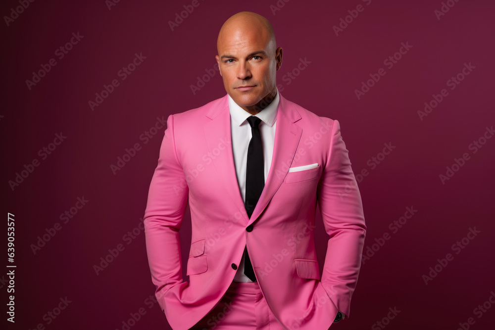 A Confident and Engaging Bald Man in a Pink Suit, Black Tie, and White Shirt, Exuding Professionalism and Modern Elegance against a Captivating Red Background A Confident and Engaging Bald Man in a Pink Suit, Black Tie, and White Shirt, Exuding Professionalism and Modern Elegance against a Captivating Red Background