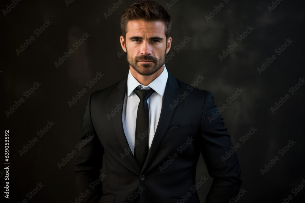 A Confident and Successful Business Leader: A Solo Portrait of an Experienced Man in a Black Suit, White Collared Shirt, and Black Tie, Sporting a Distinguished Beard and Poised Expression A Confident and Successful Business Leader: A Solo Portrait of an Experienced Man in a Black Suit, White Collared Shirt, and Black Tie, Sporting a Distinguished Beard and Poised Expression
