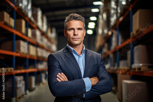 Confident Businessman Exuding Success in a Towering Warehouse, Arms Crossed, Facial Hair, and a Blurry Background