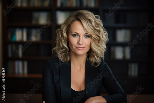 A Talented and Successful Blonde Executive with Blue Eyes, Sitting Confidently in front of a Bookshelf, Showcasing her Impressive Achievements and Professionalism