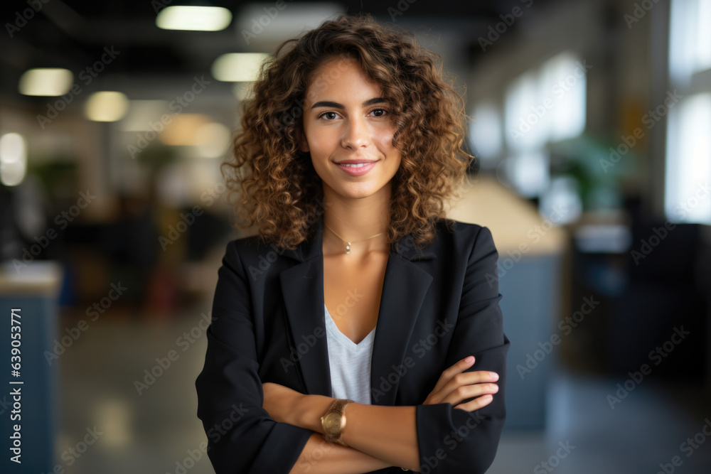 Fototapeta premium A Determined and Goal-Oriented Dark-Skinned Female Entrepreneur, Leading with Elegance and Innovation in a Modern Office Workspace