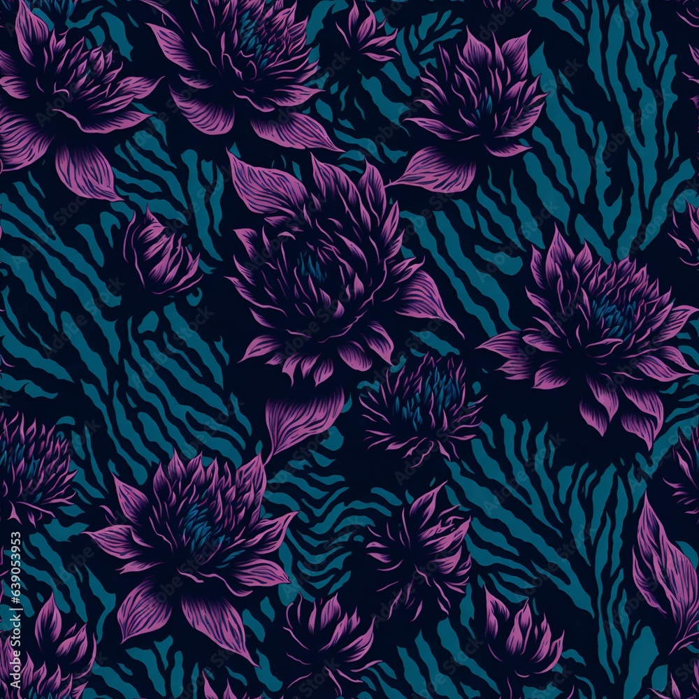 Photo of a vibrant blue and purple flower pattern on a sleek black background Photo of a vibrant blue and purple flower pattern on a sleek black background