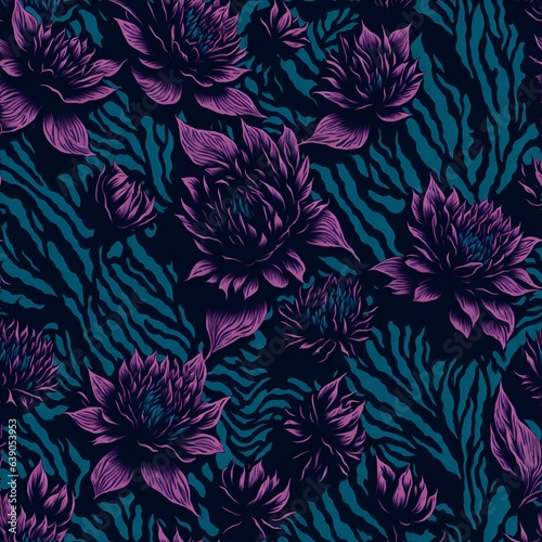 Photo of a vibrant blue and purple flower pattern on a sleek black background