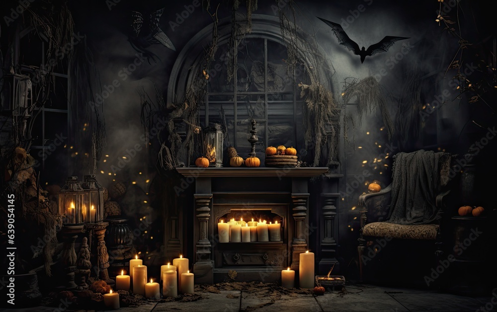 Spooky Halloween interior with fireplace decorated with candles, pumpkins, and bats