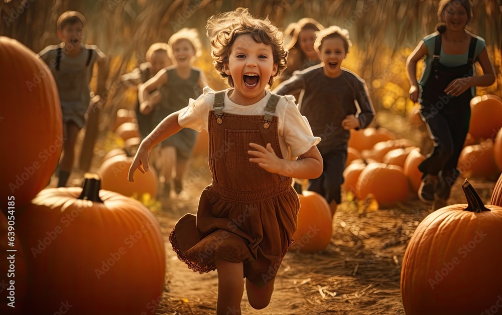 Excited cute kids running around at the pumpkin patch