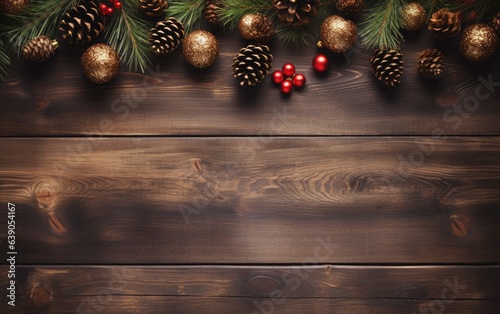 Christmas wooden background with decorations, pine cones 