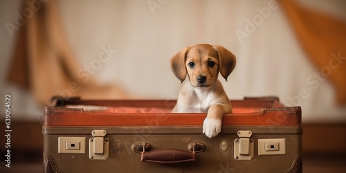 Cute dog puppy listening on a retro suitcase. Pet travel, vacation or holiday. photo