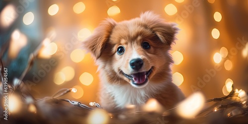 Cute happy christmas new year pet dog looking in golden garland decoration. Holiday background. © Coosh448