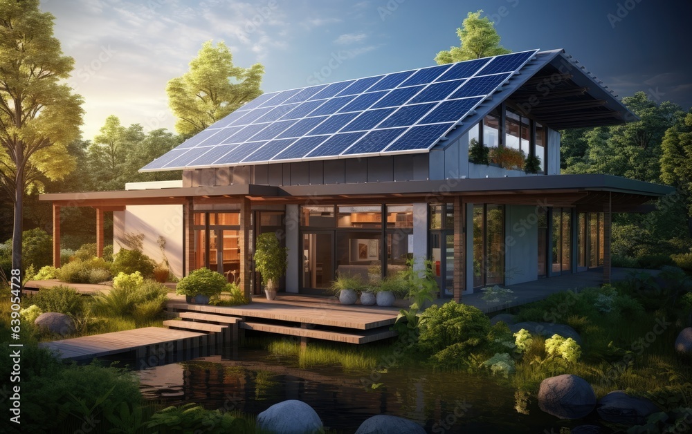 An eco-friendly home with solar panels on the roof, energy-efficient windows, and lush greenery around An eco-friendly home with solar panels on the roof, energy-efficient windows, and lush greenery around