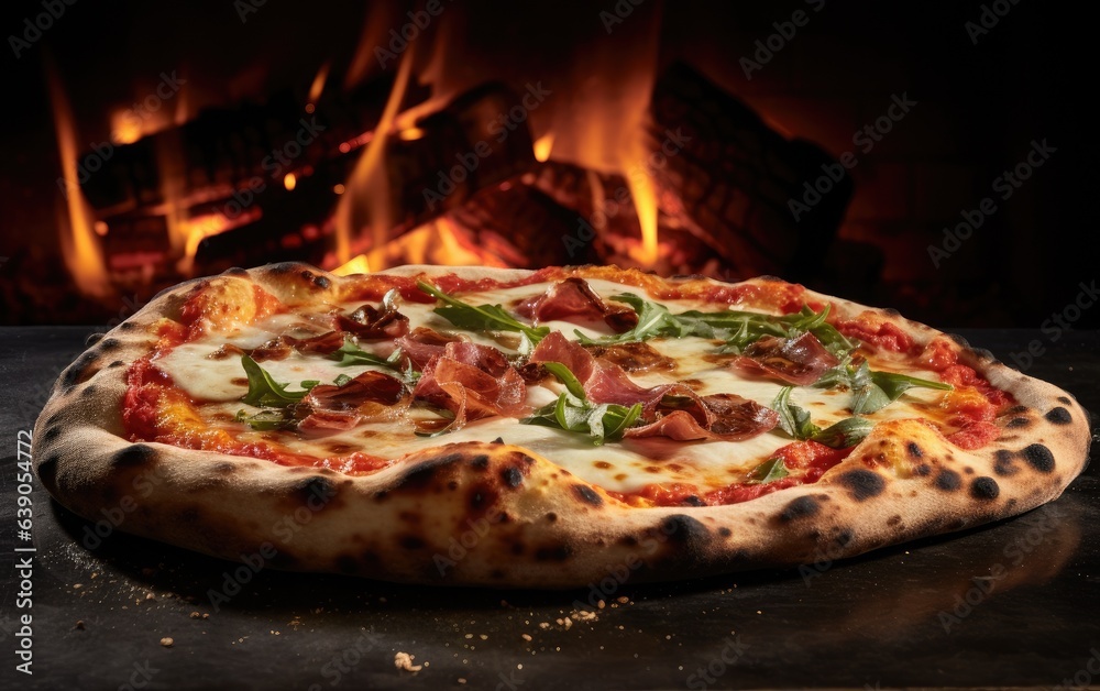 Pizza with salami, tomatoes, and greenery on a plate