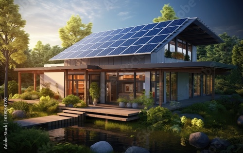 An eco-friendly home with solar panels on the roof, energy-efficient windows, and lush greenery around
