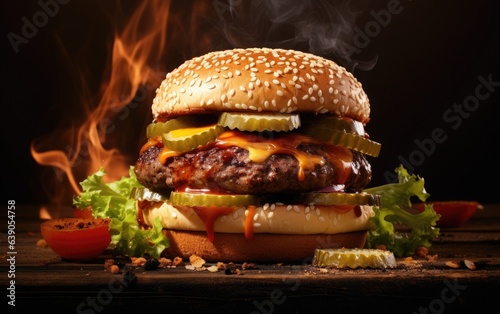 Delicious hamburger with cucumber, meat and cheese
