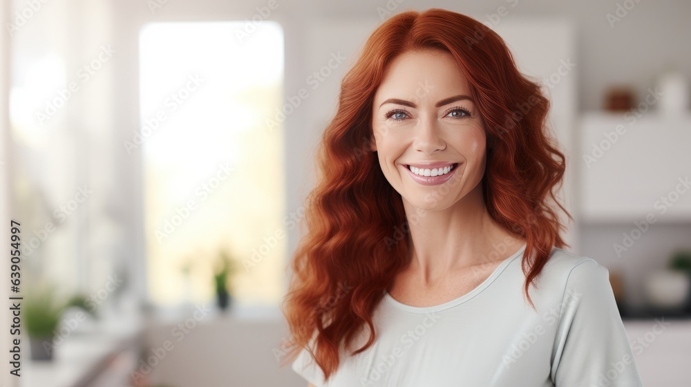 Portrait of smiling mature woman looking at camera with big grin. Successful middle aged woman at home smiling. Beautiful mid adult lady with long red hair enjoying whitening teeth treatment