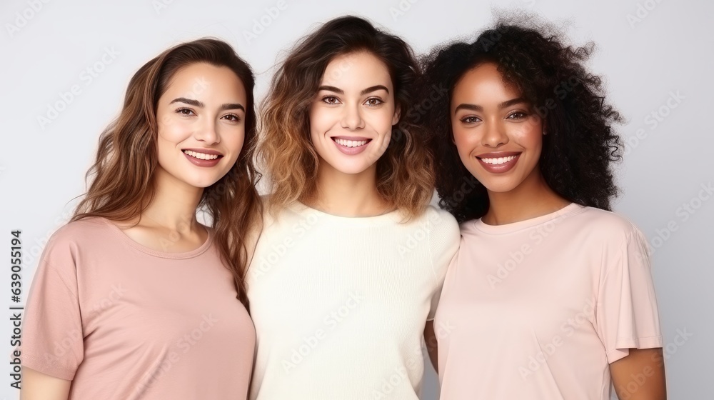 Portrait of three young multiracial women standing together and smiling at camera isolated over white background Portrait of three young multiracial women standing together and smiling at camera isolated over white background