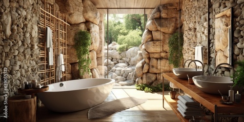 Designer Bathroom with Natural Light, Rock Walls, and a Tranquil Atmosphere.