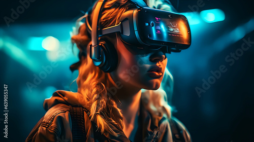 Illustration of a woman with VR headset exploring the metaverse. Artwork