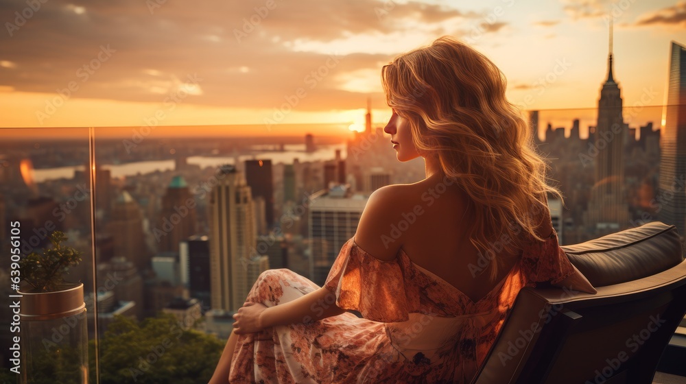 Rich woman enjoying the sunset standing on the balcony at luxury apartments in New York City. Luxury life concept. Successful businesswoman relaxing - obrazy, fototapety, plakaty 
