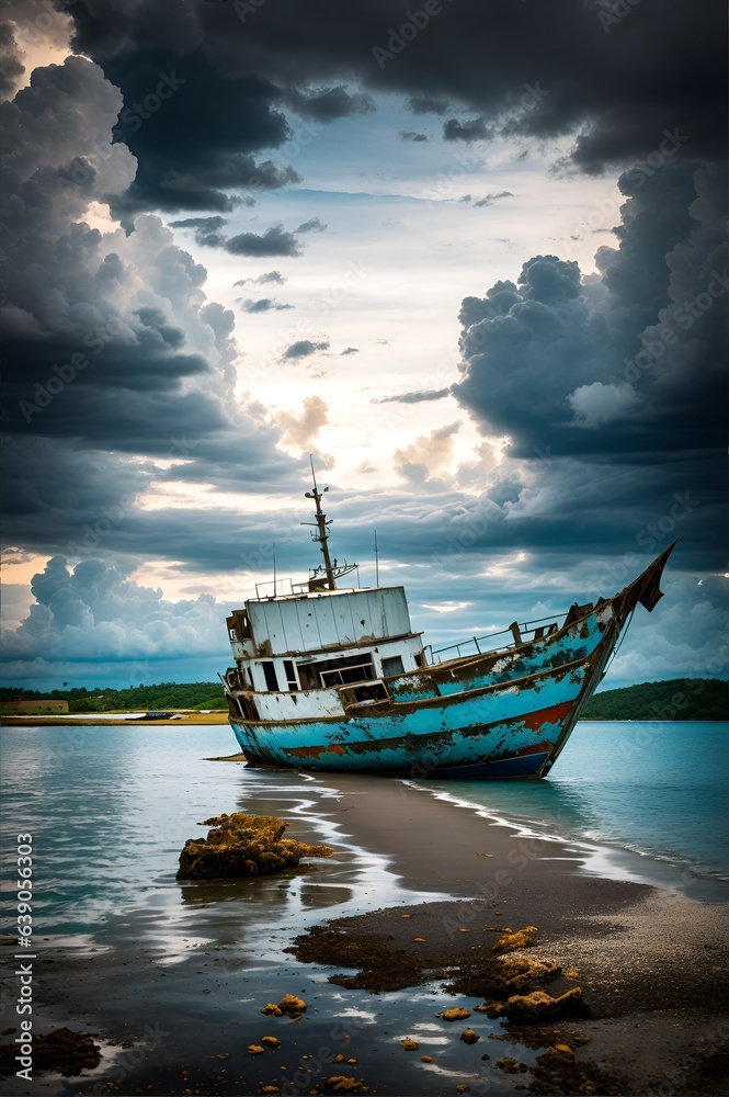 Obraz premium Photo of a boat resting on a sandy beach under a dramatic cloudy sky