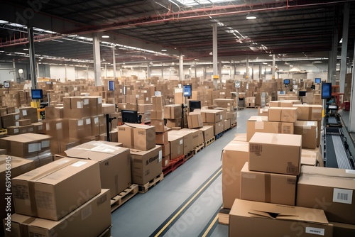 Die ordentlich angeordneten Reihen von Paketen und Versandetiketten in einem Logistikzentrum. photo