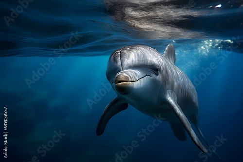 Ein neugieriger Delfin taucht mit seinem Kopf über das Wasser. © kashiStock