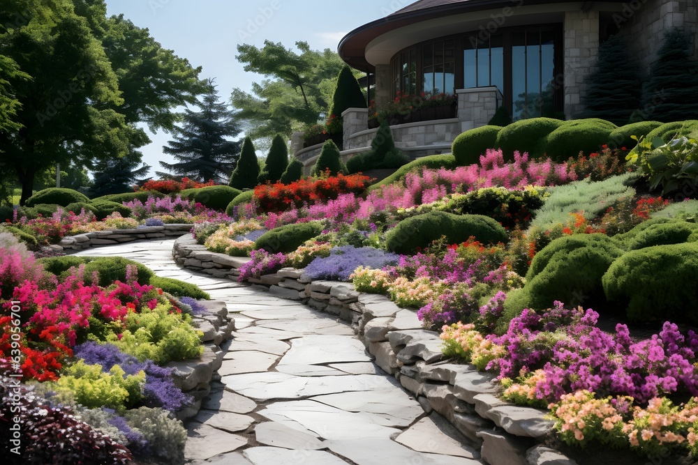 Ein Wunderschöner Vorgarten mit einem Steinweg und bunten Blumen.