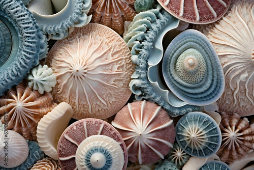 Die Muster, Strukturen und Farben verschiedener Muscheln am Strand.