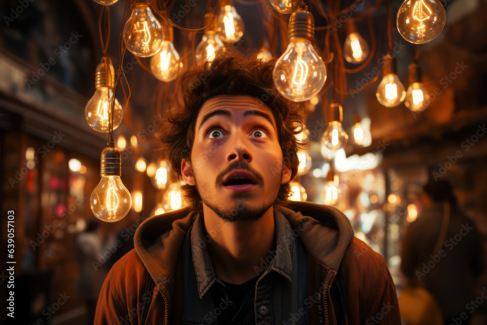 Eureka Moment. Person with a surprised expression holding a glowing lightbulb above their head, capturing the moment of a brilliant idea. Generative Ai. Eureka Moment. Person with a surprised expression holding a glowing lightbulb above their head, capturing the moment of a brilliant idea. Generative Ai.