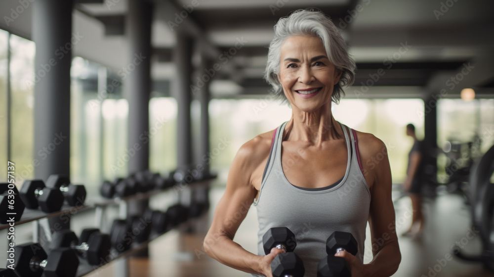 Fototapeta premium A Senior Elderly Woman at the Gym Lifting Weights