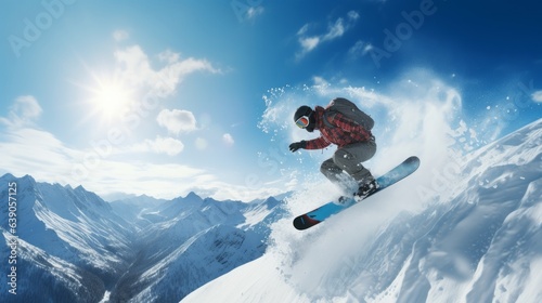 Snowboarder at jump inhigh mountains at sunny day photo