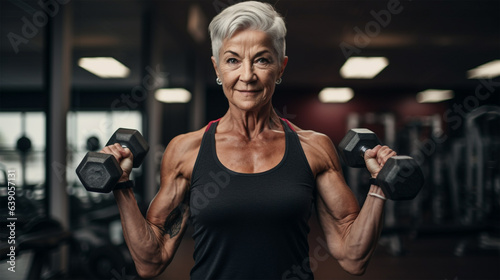 A Senior Elderly Woman at the Gym Lifting Weights