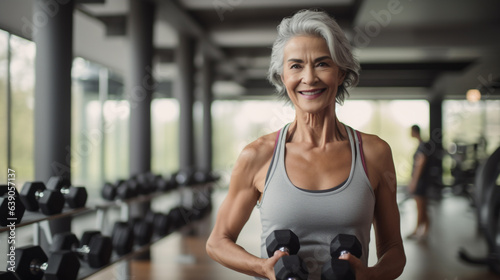 A Senior Elderly Woman at the Gym Lifting Weights