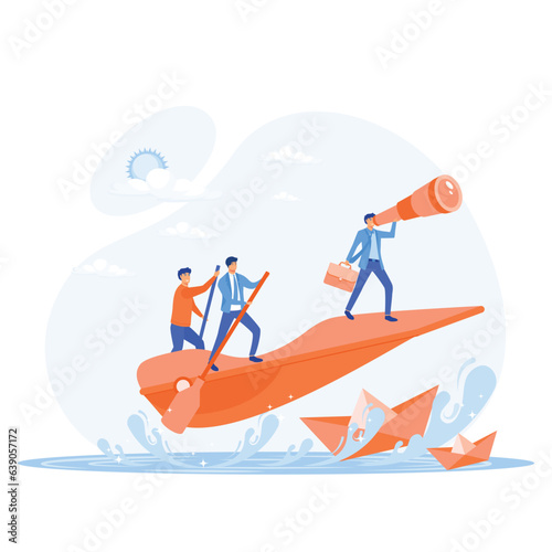Leadership and teamwork concept, Businessman Leader looking through a telescope by two business people stands behind him,  flat vector modern illustration