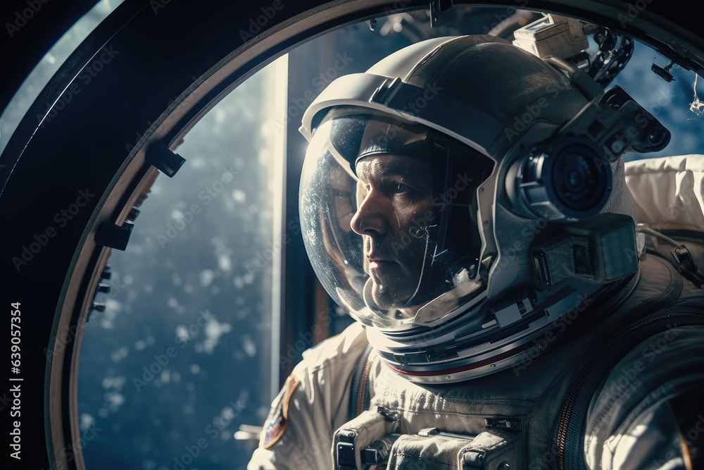 An astronaut in an astronaut helmet looks out the window of the space station looking at the earth with longing curiosity. Generative AI. An astronaut in an astronaut helmet looks out the window of the space station looking at the earth with longing curiosity. Generative AI.