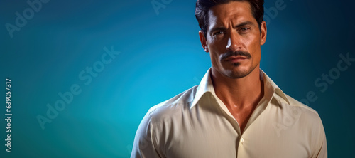 Cuban Man in Guayabera Shirt on a Havana Blue Background with Space for Copy.