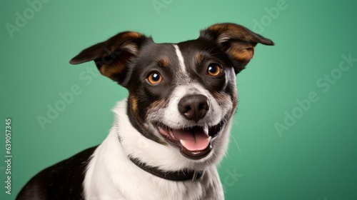 Studio headshot portrait of brown white and black medium mixed breed dog smiling against a green background © Roma