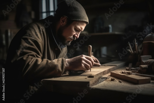 Carpenter working on woodworking in carpentry shop with woodworking tools, handicraft concept, manual work with wood. Generative AI.