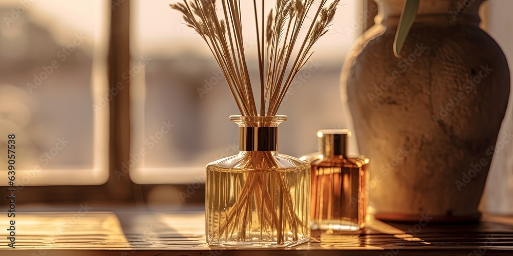 Glass bottle with reed diffusers in sunlight