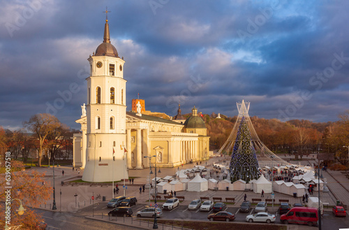 Christmas tree on the Cathedral Square and Cathedral Belfry, Vilnius, Lithuania, Baltic states.