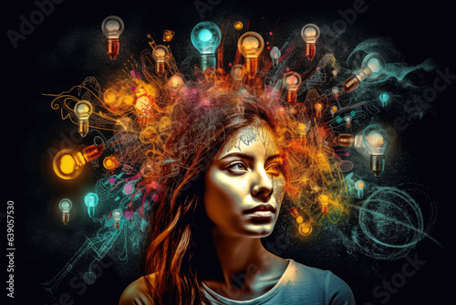 An illustration of a woman's face with lightbulbs and gears emerging from her head, representing creativity and innovative thinking. Generative AI, AI.