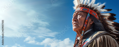 Native American Elder in Ceremonial Attire on a Sky Blue Background with Space for Copy.