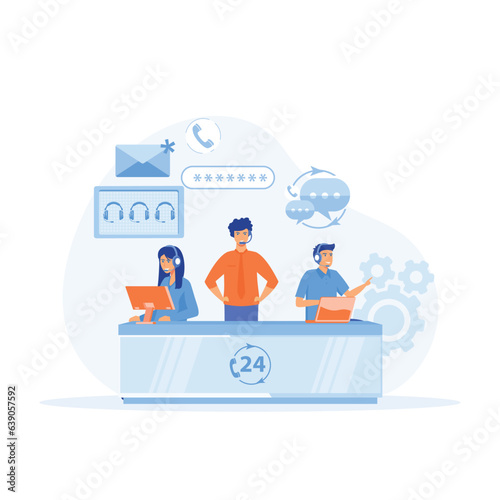 Customer service, hotline operators, customer support department staff. office operators with headsets characters. flat vector modern illustration